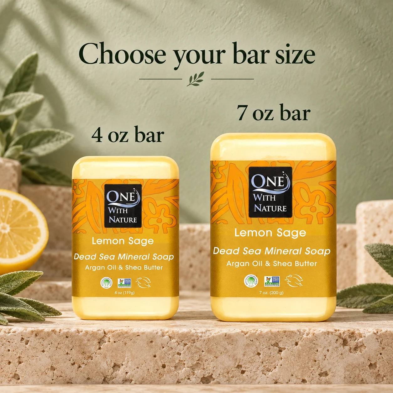 One With Nature Lemon Sage soap in a warm stone setting